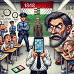 DALL·E 2024-08-29 01.44.49 - A humorous and sarcastic illustration depicting a modern Hungarian classroom in a satirical style. In the foreground, a caricatured figure of a school